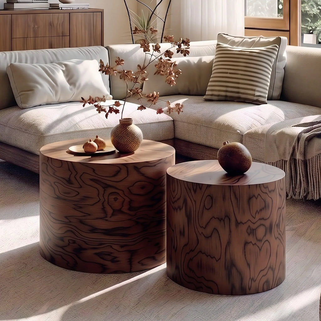 2-Piece Nesting Round Coffee Table Set, Tree Stump Drum Accent Side Table, No Assembly, Natural Swirl Grain Rustic Accent Table