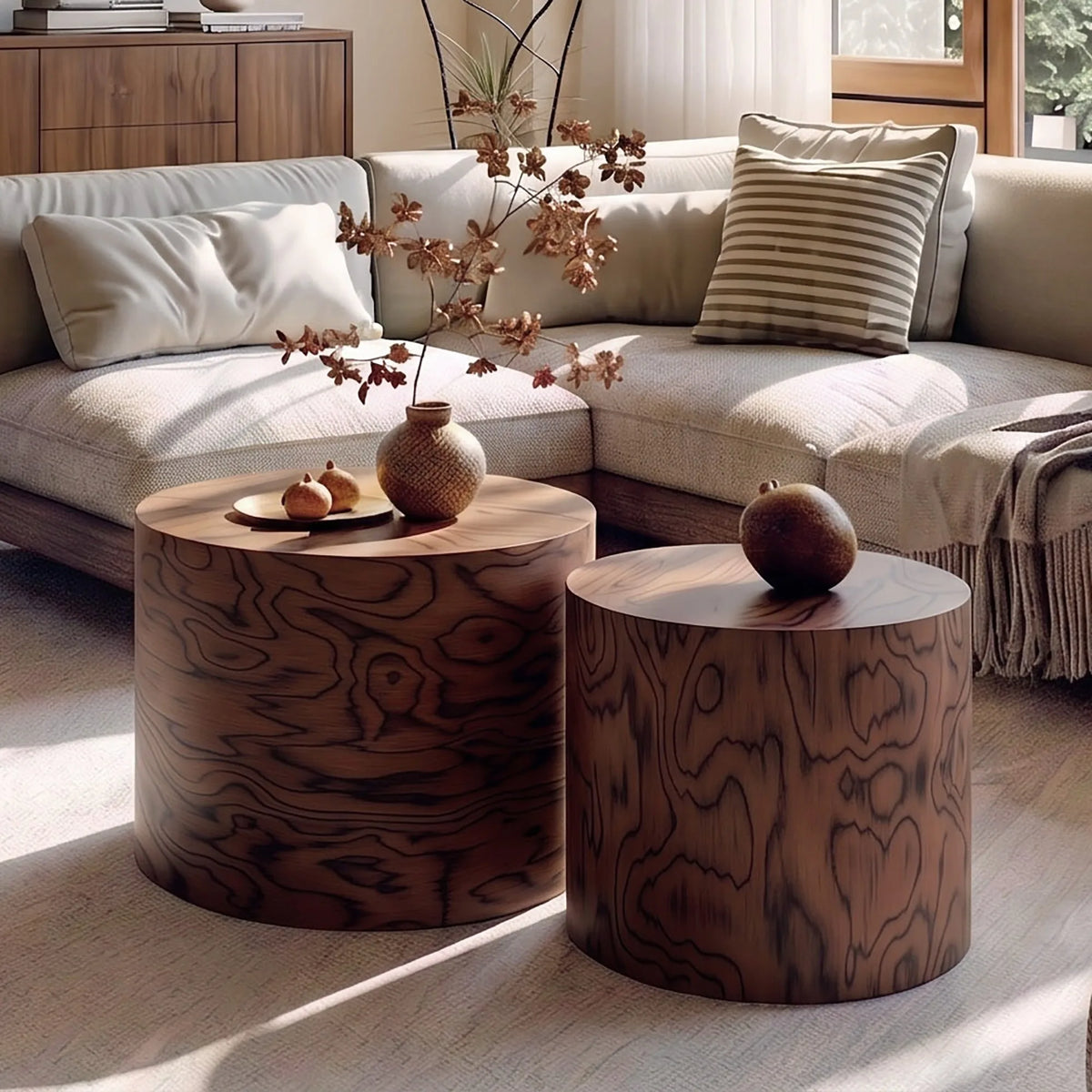 2-Piece Nesting Round Coffee Table Set, Tree Stump Drum Accent Side Table, No Assembly, Natural Swirl Grain Rustic Accent Table