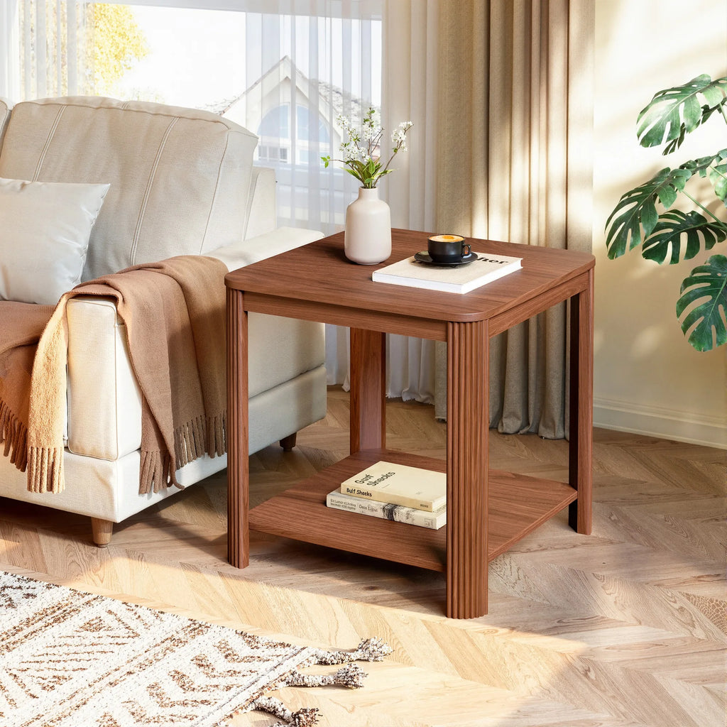 Rounded Corner End Table with Vertical Wave Grain Legs, 2-Tier Boho Side Table, 22.1 Inch Square Nightstand for Small Spaces, fo