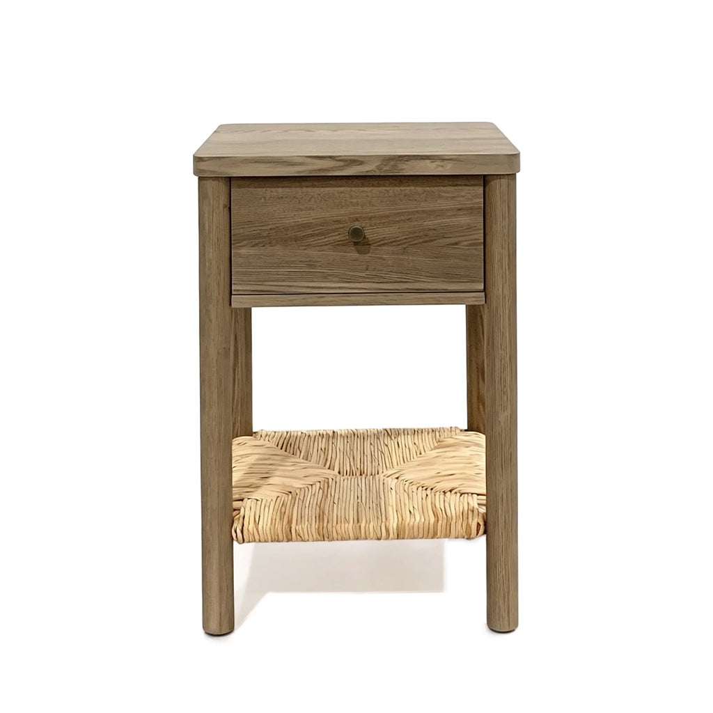 Antique Grey Ainsley Nightstand Side End Table with Rounded Edge Tabletop, Solid Wood Round Legs, Woven Jute Storage Shelf & Dra