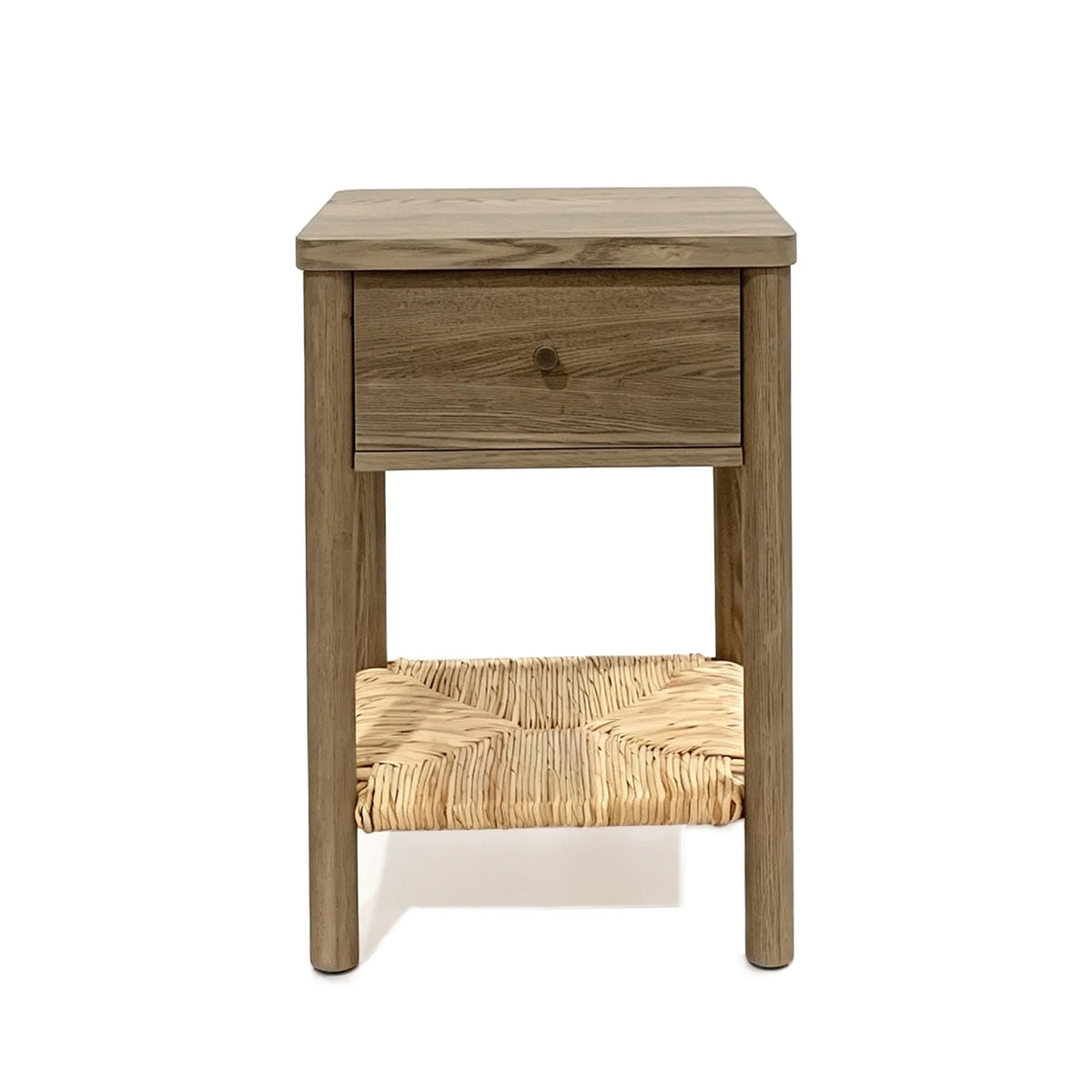Antique Grey Ainsley Nightstand Side End Table with Rounded Edge Tabletop, Solid Wood Round Legs, Woven Jute Storage Shelf & Dra