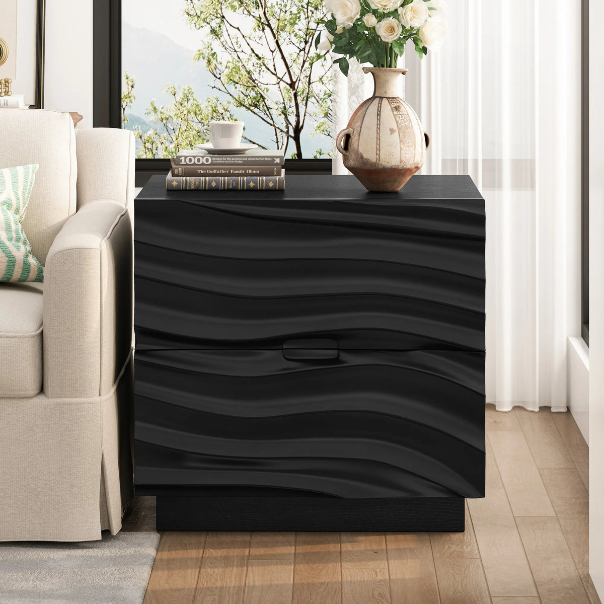 Solid Wood Nightstands, Bedside Table with 2 Drawers, No Handles, Sofa End Table for Living Room, Bedrooms