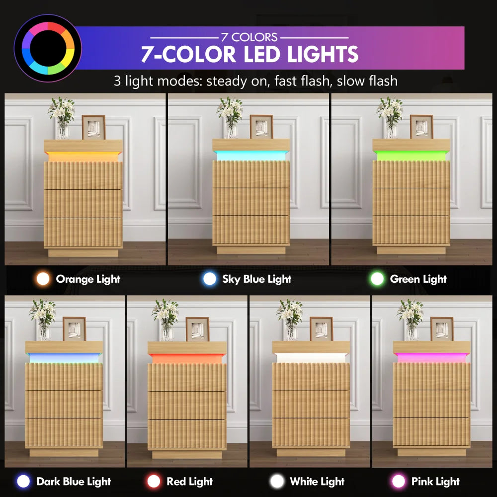 Natural Nightstand Set of 2 Fluted Wave Panel Bedside Table with Charging Station and LED Lights