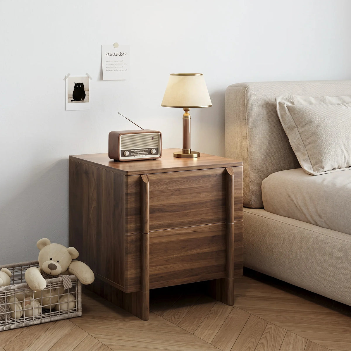Minimalist walnut-colored nightstand, two-drawer bedside storage cabinet with rounded corners; suitable for bedrooms, living roo