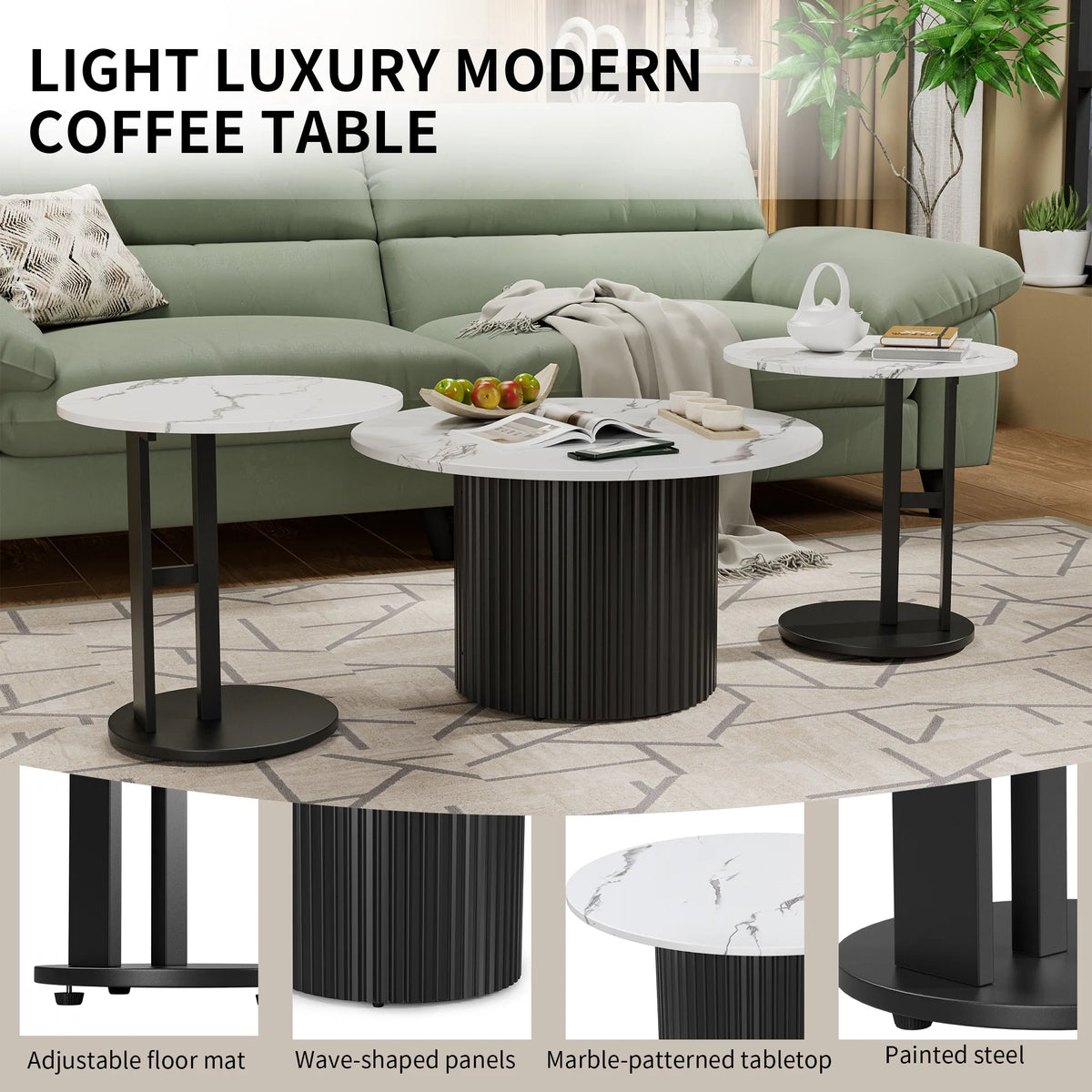 Coffee Table Set of 3, Modern Nesting Coffee Tables with Faux Marble Top and Metal Legs, Round Coffee & Side Tables with Ribbed