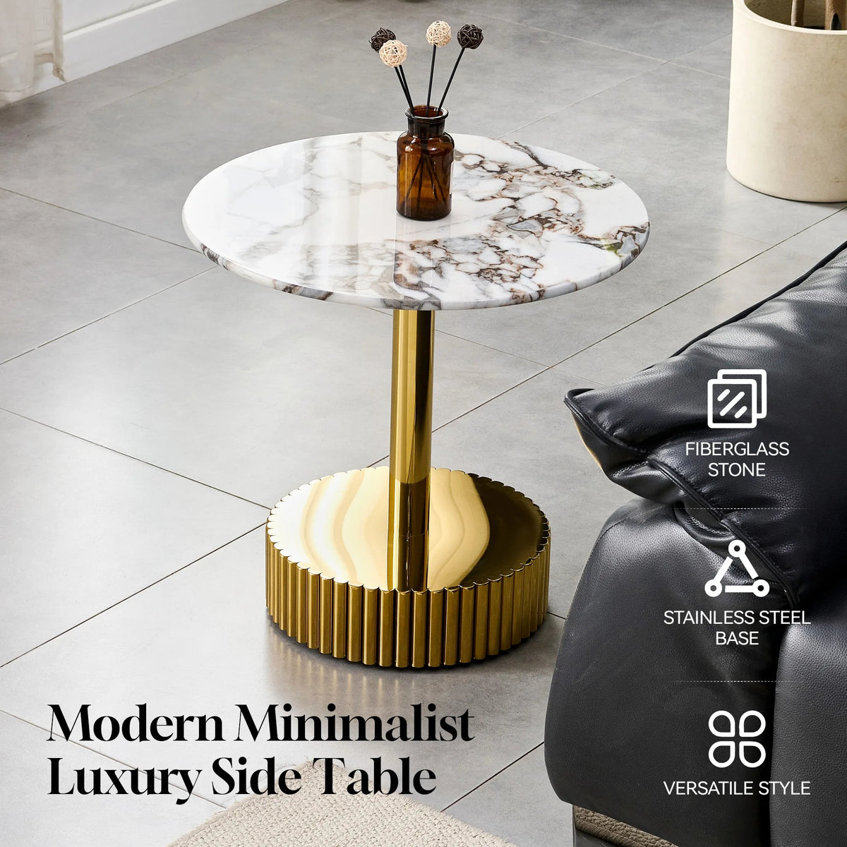 21.65 Inch Modern End Table, Nightstand, Featuring White Marble-Patterned Glass With A Gold Stainless Steel Frame, Suitable For