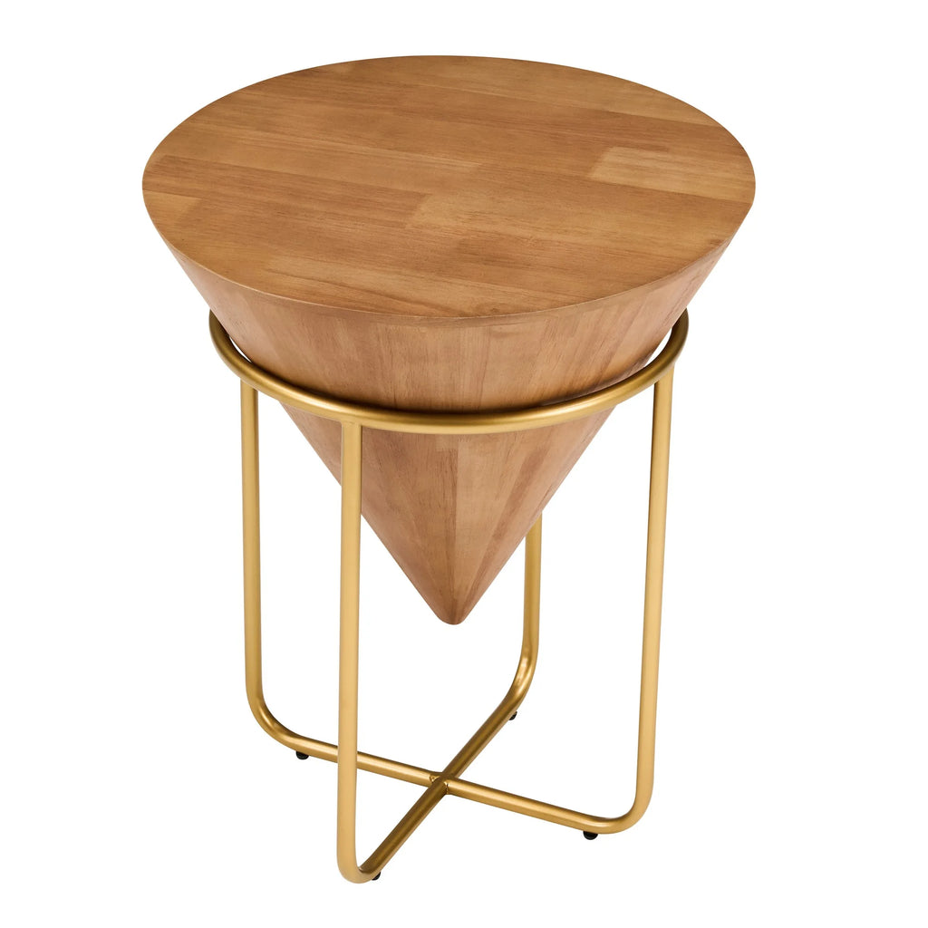Minimalist & Luxe Wood & Gold Side Table, Cone-Shaped Round Accent Table, Multi-Space Versatile End Table for Living Room, Bedro