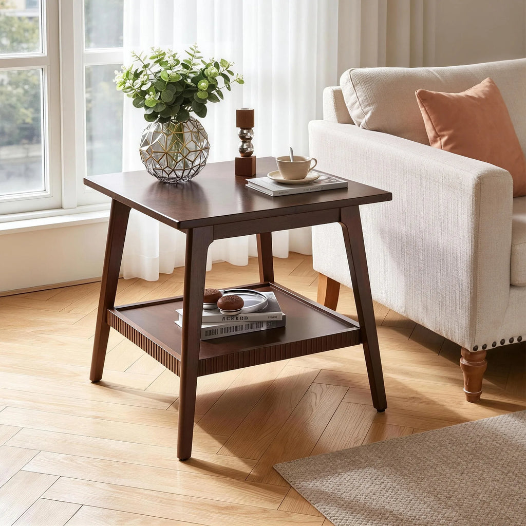 Solid Wood End Table, 2 Tier Square Side Table with Storage Shelf, Modern Nightstand Accent Table for Living Room, Sofa Couch Si
