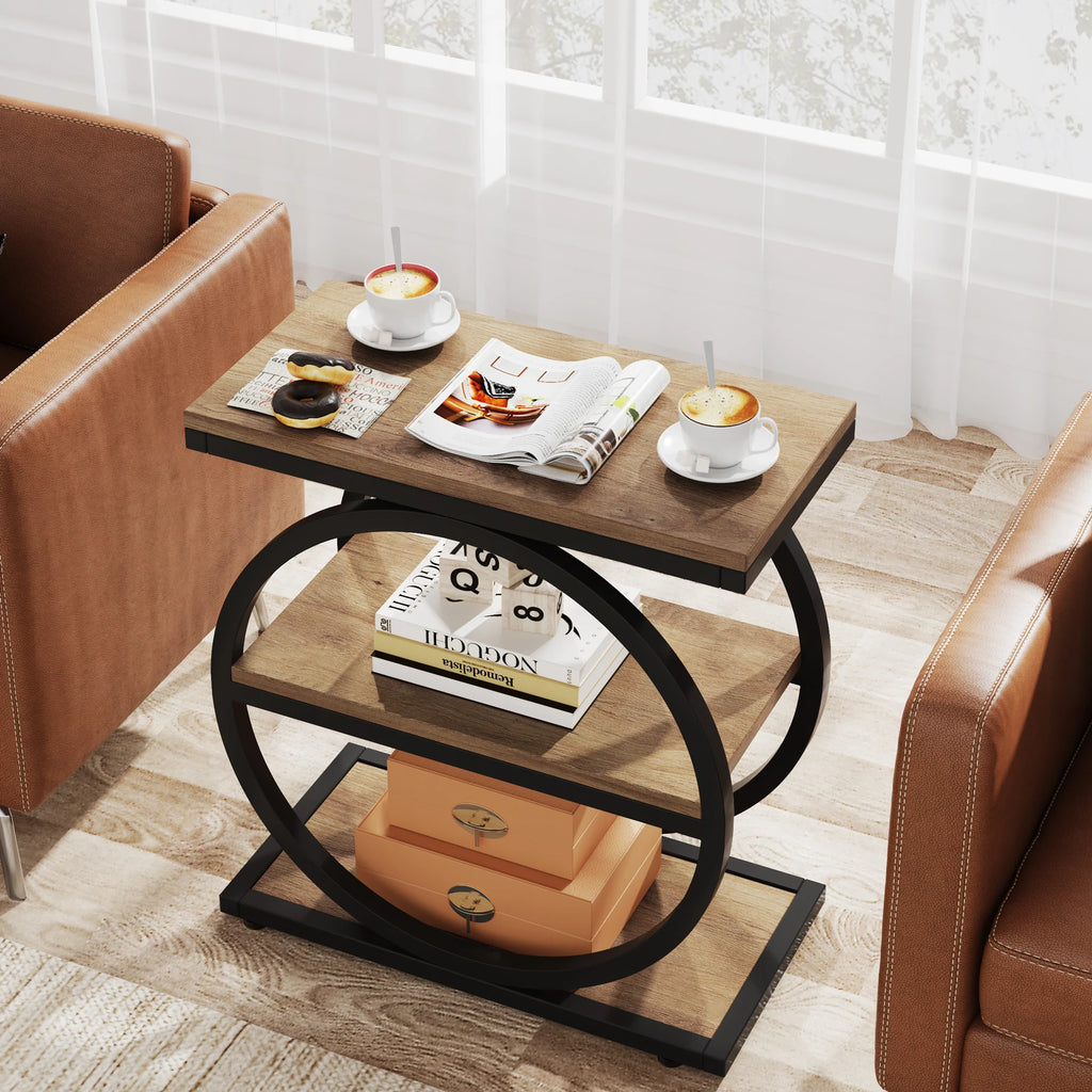 Tribesigns Side End Table with 3 Storage Shelves, Industrial Sofa Table with Round Metal Frame for Living Room