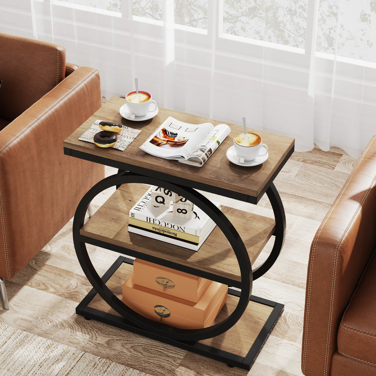 Tribesigns Side End Table with 3 Storage Shelves, Industrial Sofa Table with Round Metal Frame for Living Room