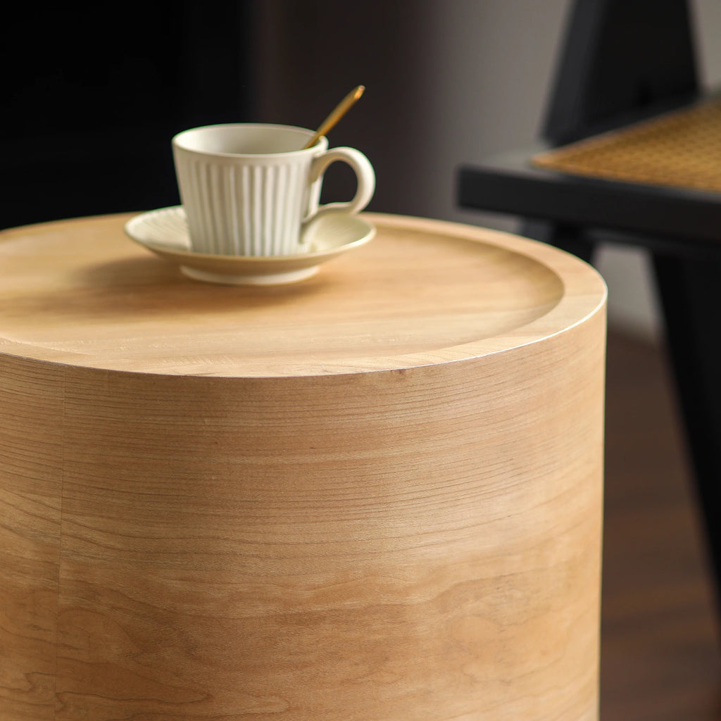 Natural Wood Round Drum Accent Table, No Assembly Side End Table for Living Room Bedroom