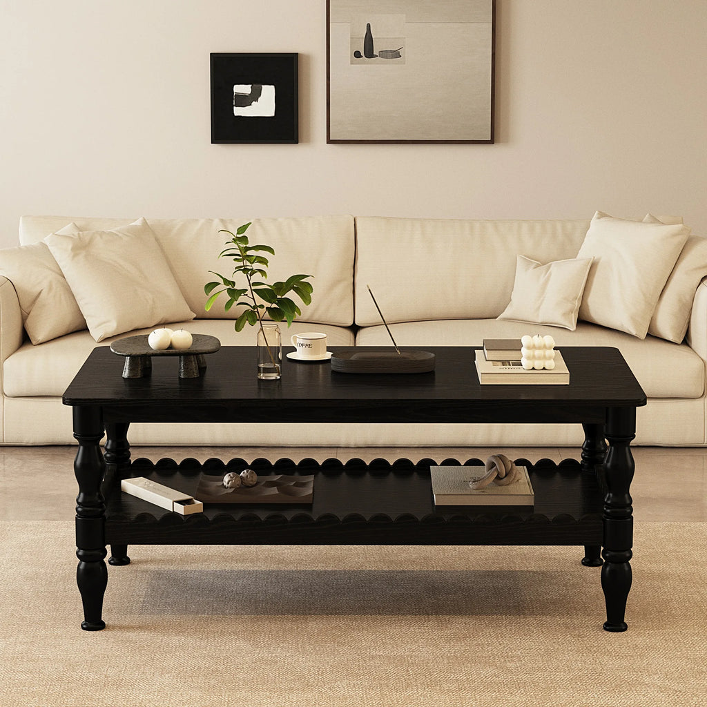 Rectangle Coffee Table Solid Wood Coffee Table with Storage Shelf,Farmhouse 2-Tier Center Table Lacquered Classical Legs,Easy As