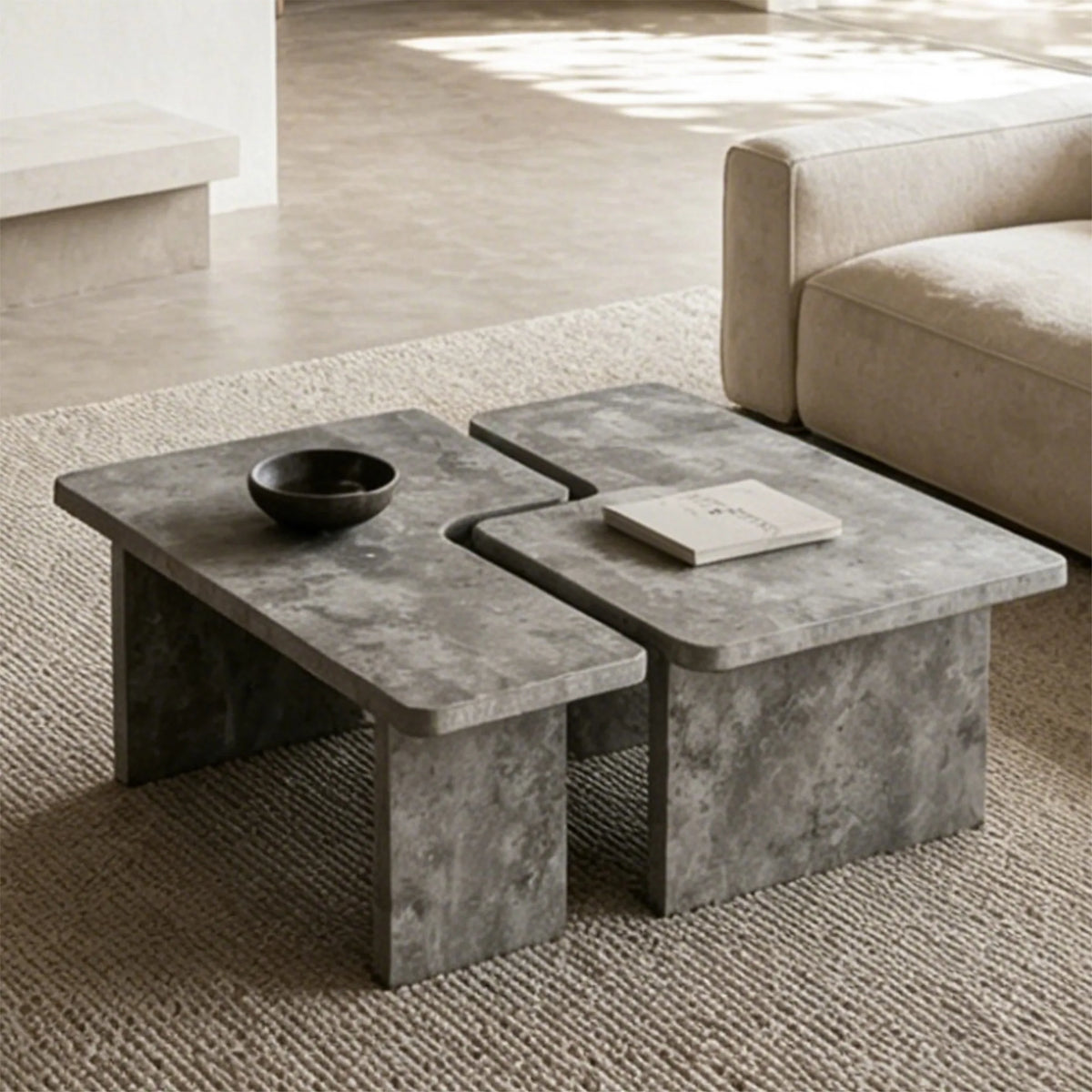 Modular Concrete Coffee Table Set of 2, Nesting L-Shaped Puzzle Center Table, Faux Stone Look Square or Rectangular Cocktail Tab