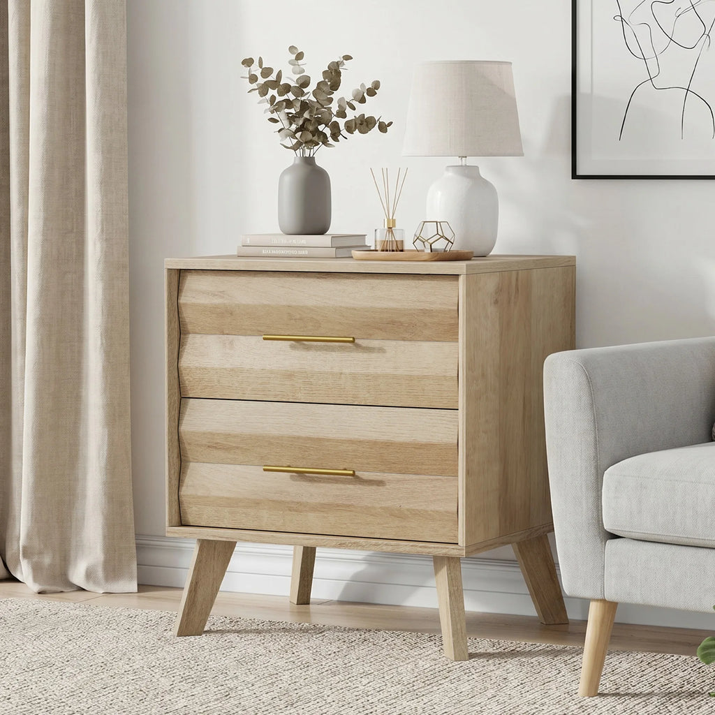 Oak-colored double drawer bedside table, medieval-style modern bedroom bedside storage cabinet, bedside table with metal handles