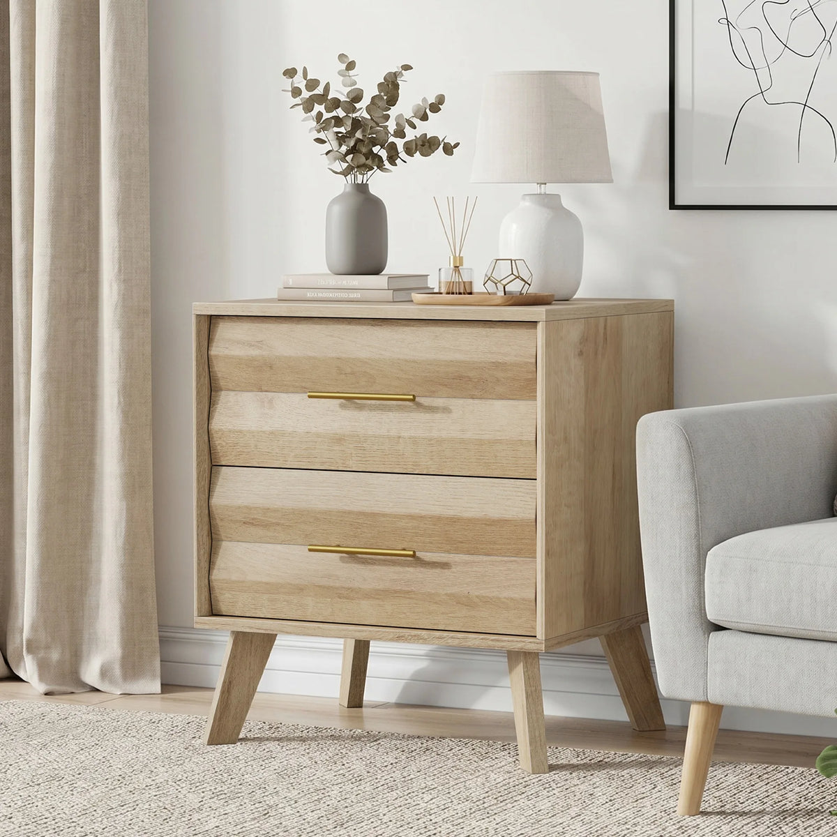 Oak-colored double drawer bedside table, medieval-style modern bedroom bedside storage cabinet, bedside table with metal handles