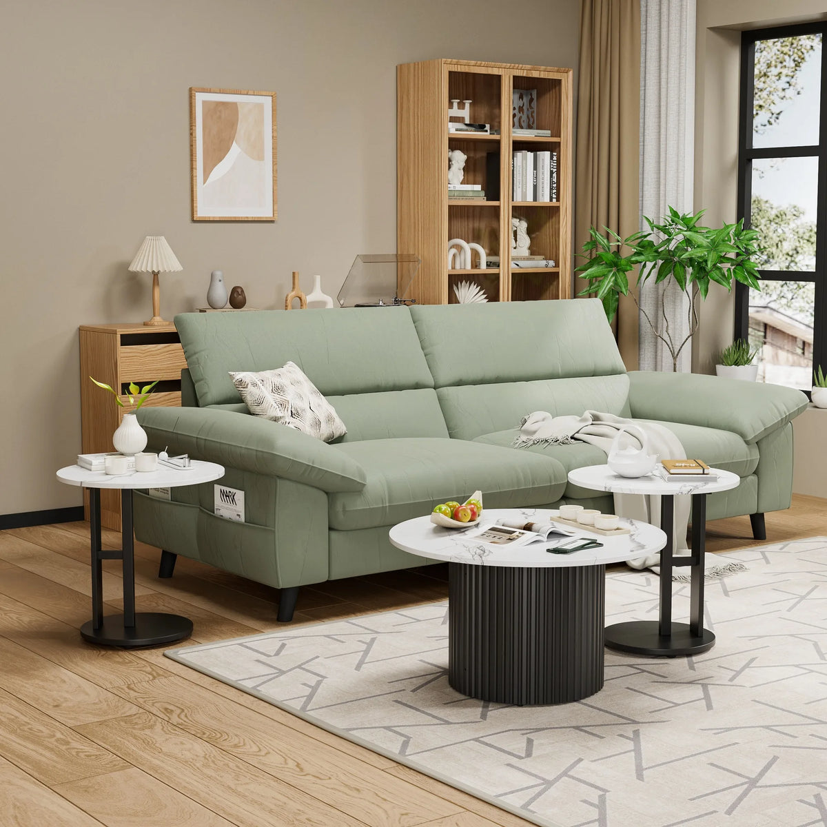 Coffee Table Set of 3, Modern Nesting Coffee Tables with Faux Marble Top and Metal Legs, Round Coffee & Side Tables with Ribbed