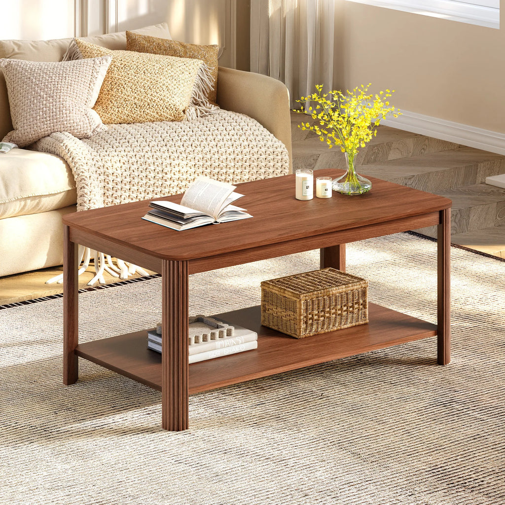 Arc Corner Wood 2-Tier Coffee Table with Storage Shelf - Vertical Wave Grain Legs, Walnut Finish, Modern Minimalist Rectangle Ac