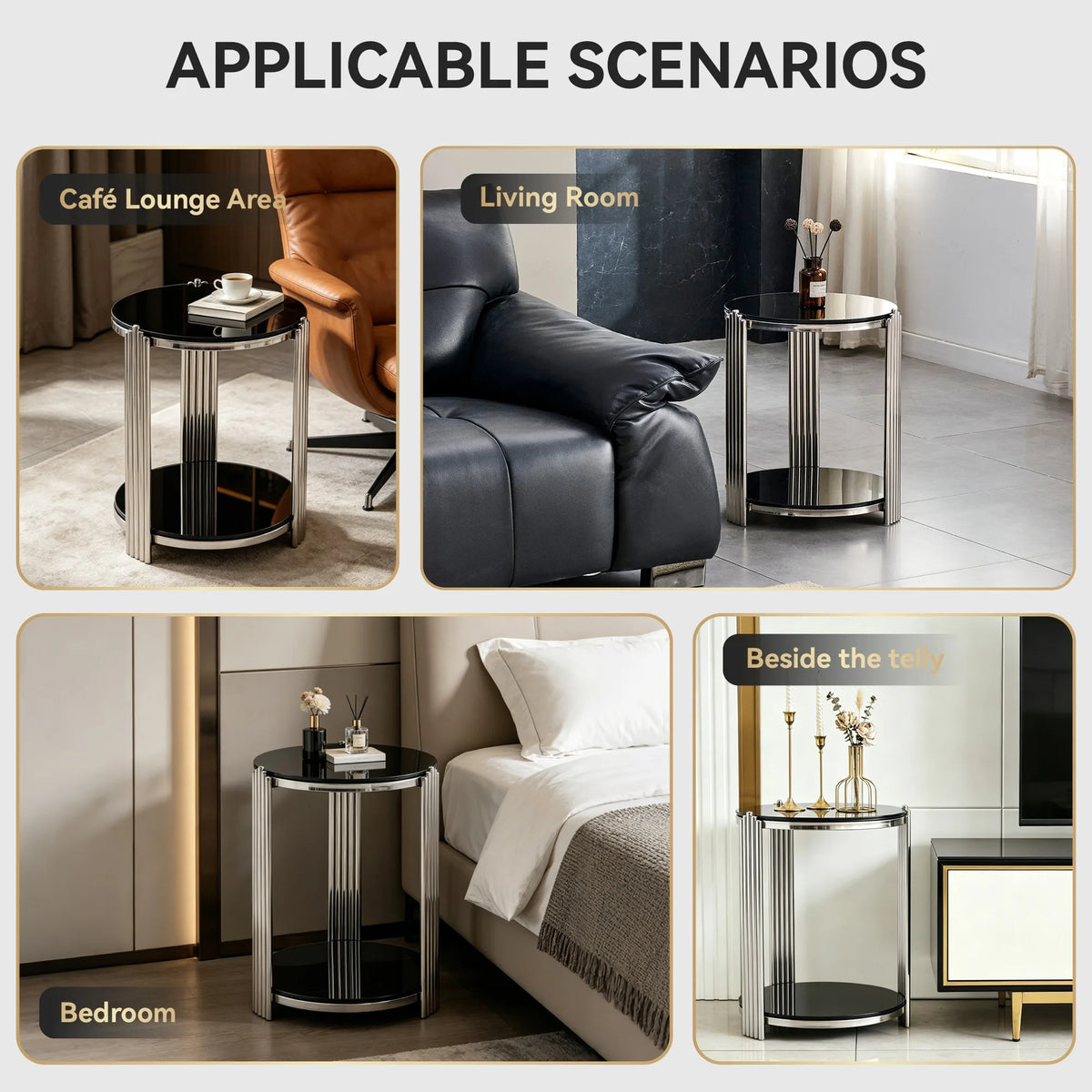 16.90 Inch Modern End Table, Bedside Table,Double-Layer Tempered Black Glass & Silver Stainless Steel Frame Living Room Table, R