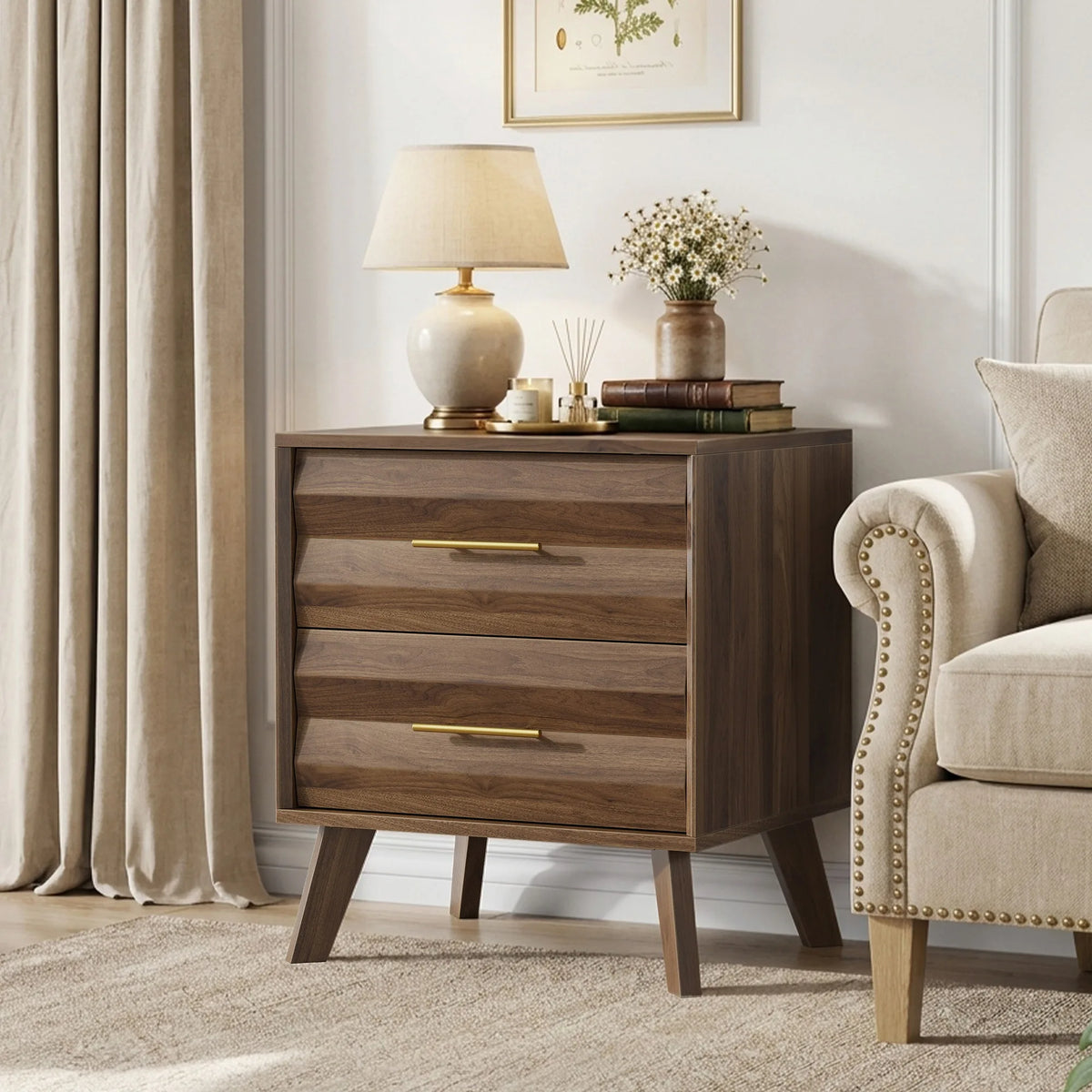 Walnut-colored double drawer bedside table, medieval-style modern bedroom bedside storage cabinet, bedside table with metal hand