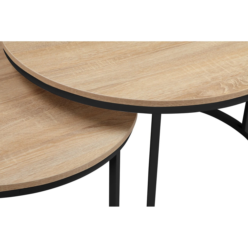31.5-inch Round Nesting Table set of 2, Accent Coffee Table, Natural Oak Wood Finish, Space-Saving, Modern Industrial Style