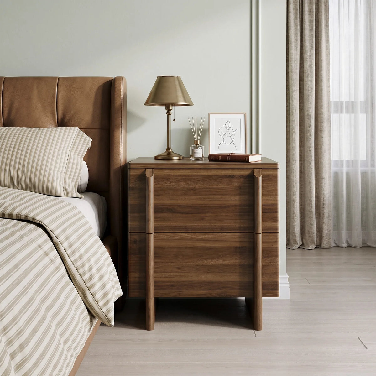 Minimalist walnut-colored nightstand, two-drawer bedside storage cabinet with rounded corners; suitable for bedrooms, living roo