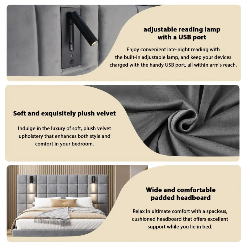 Wide-Headboard Bed with Reading Lights