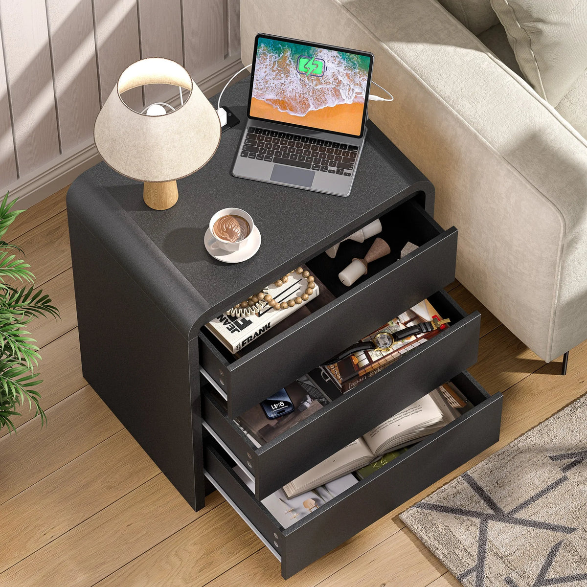 Modern Night Stand with Charging Station, 25 Inch Tall Wood Nightstand Bedside Table with 3 Drawers & USB Ports, Mid-Century End