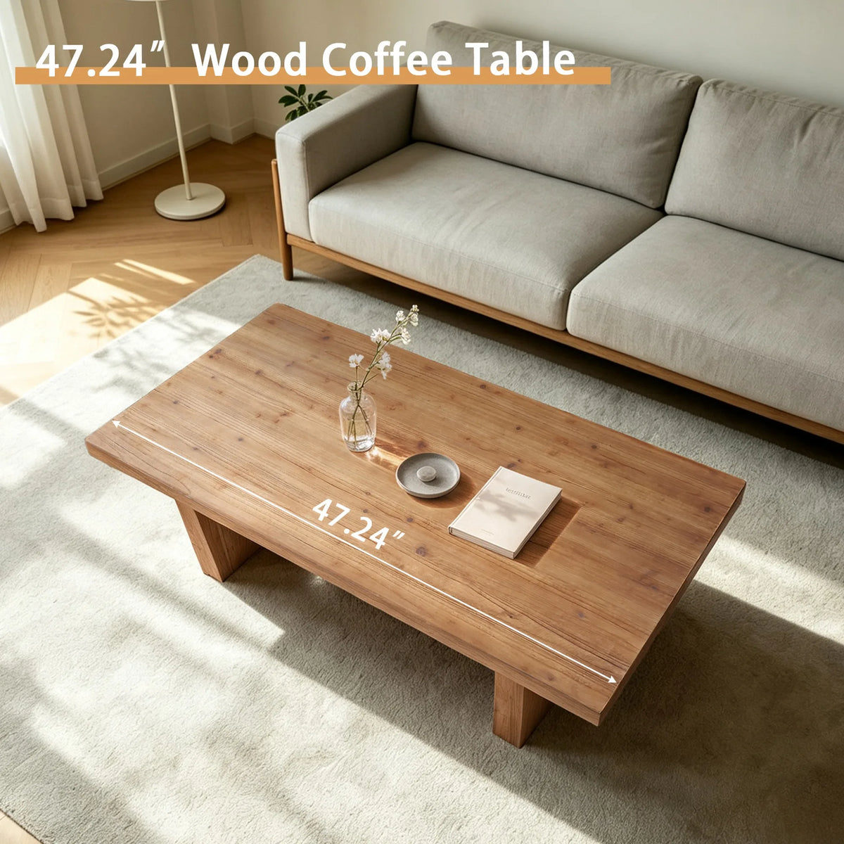 47.24 Inch Coffee table crafted from selected natural solid wood,retaining natural wood grain with warm and rustic wood tones.