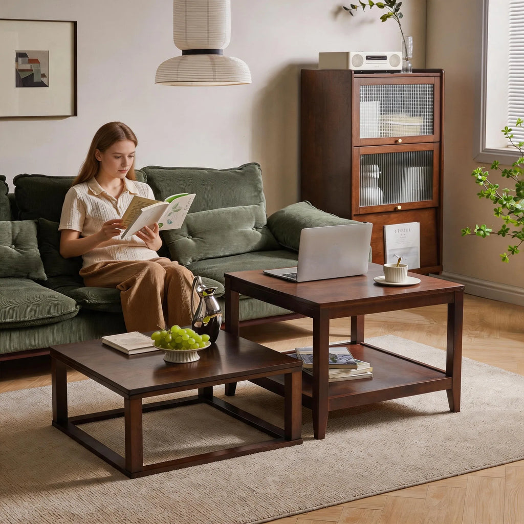 Solid Wood End Table, 2-Tier Square Side Table with Storage Shelf, Wooden Nightstand for Living Room Bedroom, Small Coffee Table