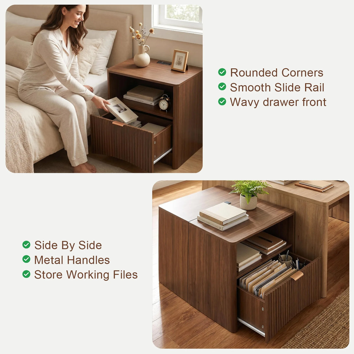 Nightstands Set of 2, Mid Century Modern Bedside Table with Charging Station, Fluted Nightstand with Drawer and Storage, Wood La