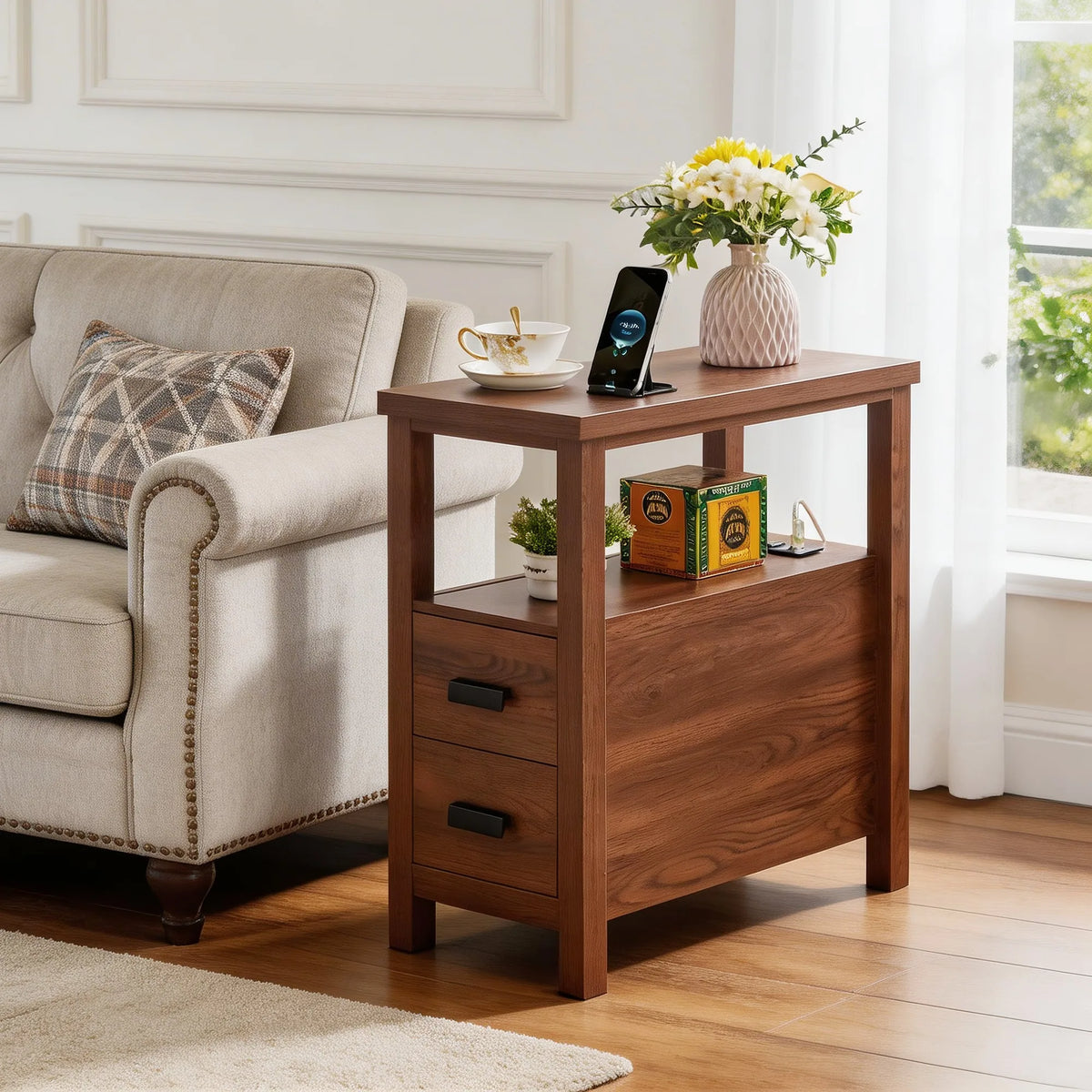 End Table with Charging Station,Side Tables with USB Ports & Outlets,Side Table with 2 Drawers, Small Wood Bedside Table, Small