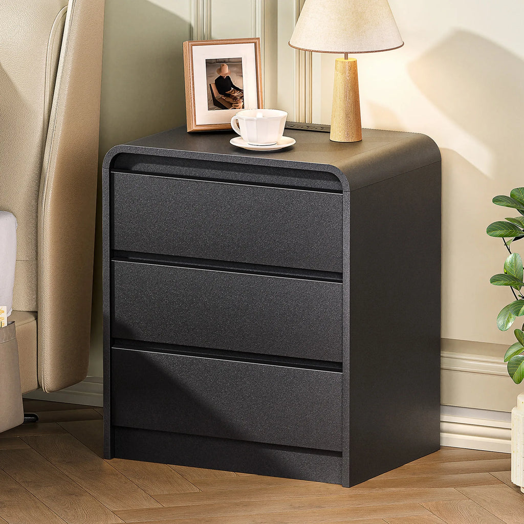Modern Night Stand with Charging Station, 25 Inch Tall Wood Nightstand Bedside Table with 3 Drawers & USB Ports, Mid-Century End