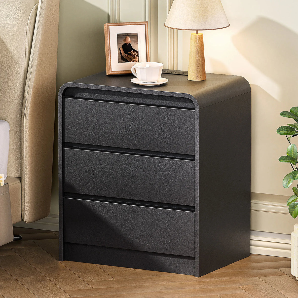 Modern Night Stand with Charging Station, 25 Inch Tall Wood Nightstand Bedside Table with 3 Drawers & USB Ports, Mid-Century End