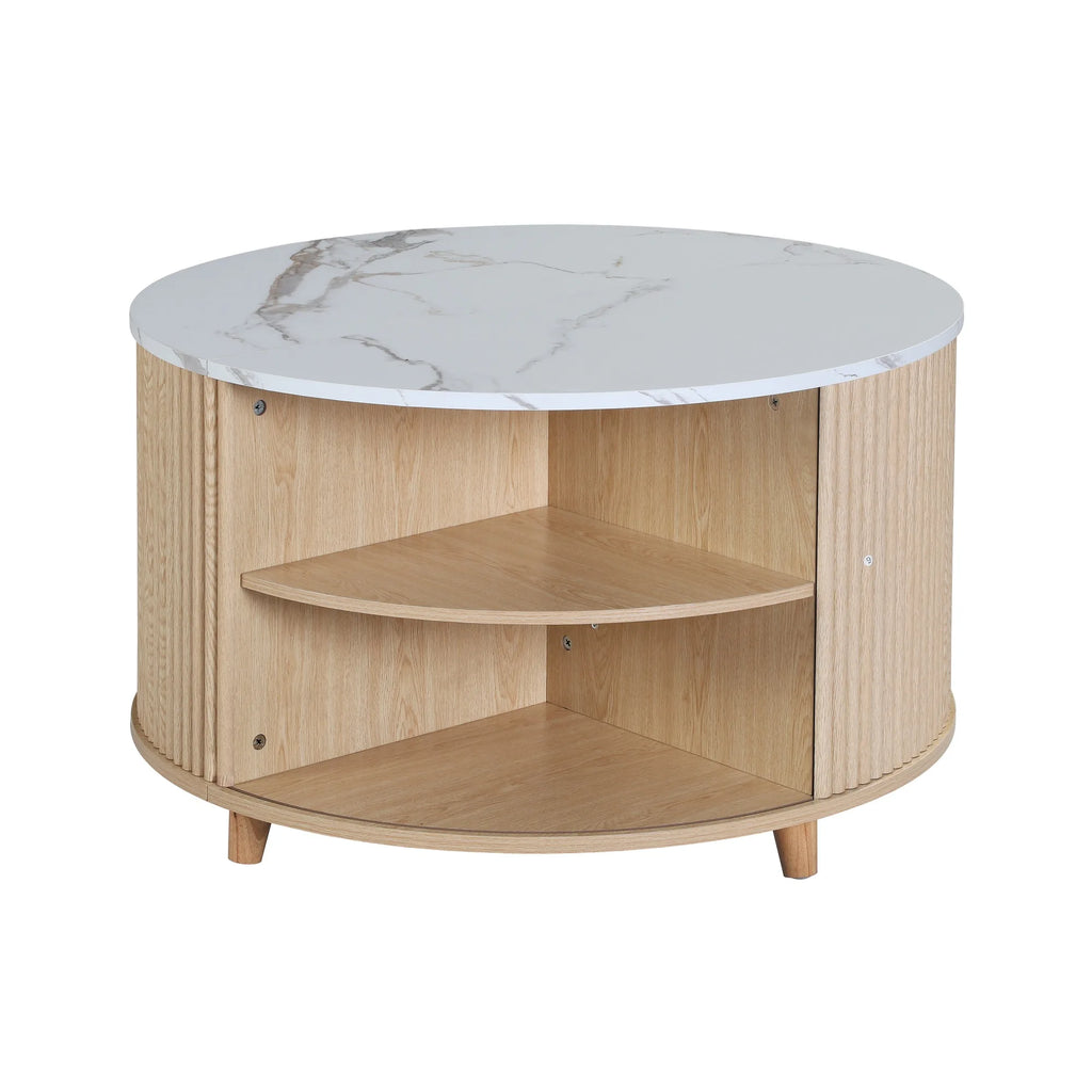 32 Inch Round Coffee Table with Storage, Modern Wood Coffee Table with Cabinet, Circular Center Table for Living Room, Hidden Co