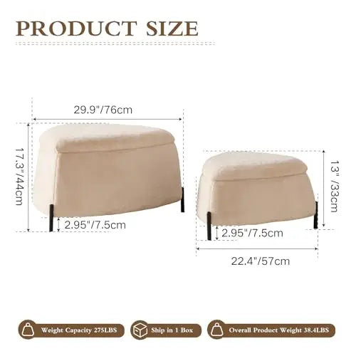 M Modern Durable 2-Piece Faux Fur Fabric Upholstered Storage Ottoman Set with Metal Legs Coffee Side Table Shoe Changing Stool