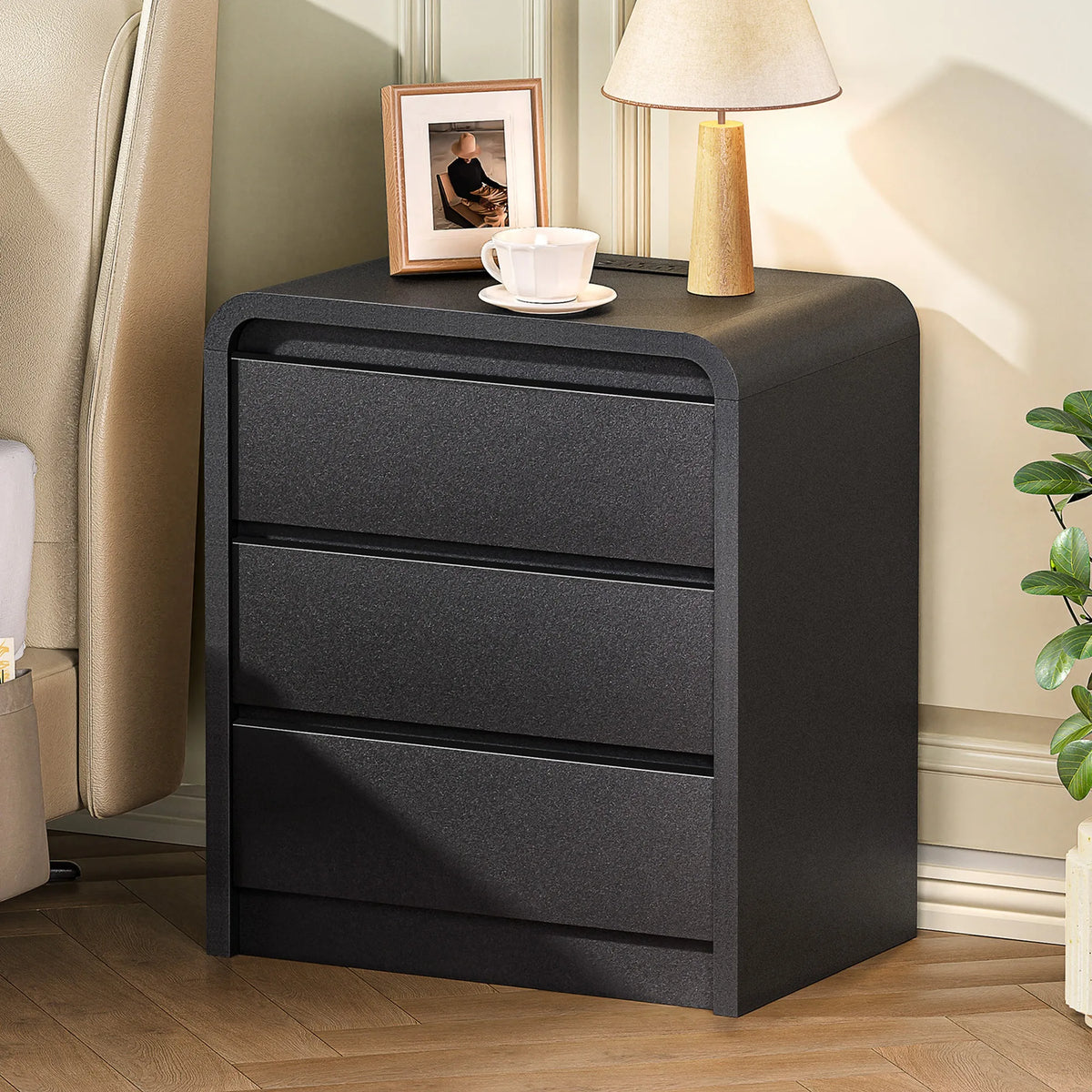 Modern Night Stand with Charging Station, 25 Inch Tall Wood Nightstand Bedside Table with 3 Drawers & USB Ports, Mid-Century End