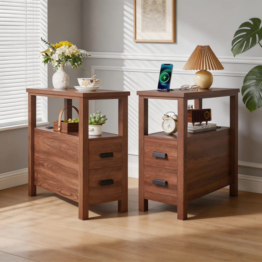 End Table with Charging Station,Side Tables with USB Ports & Outlets,Side Table with 2 Drawers, Small Wood Bedside Table, Small