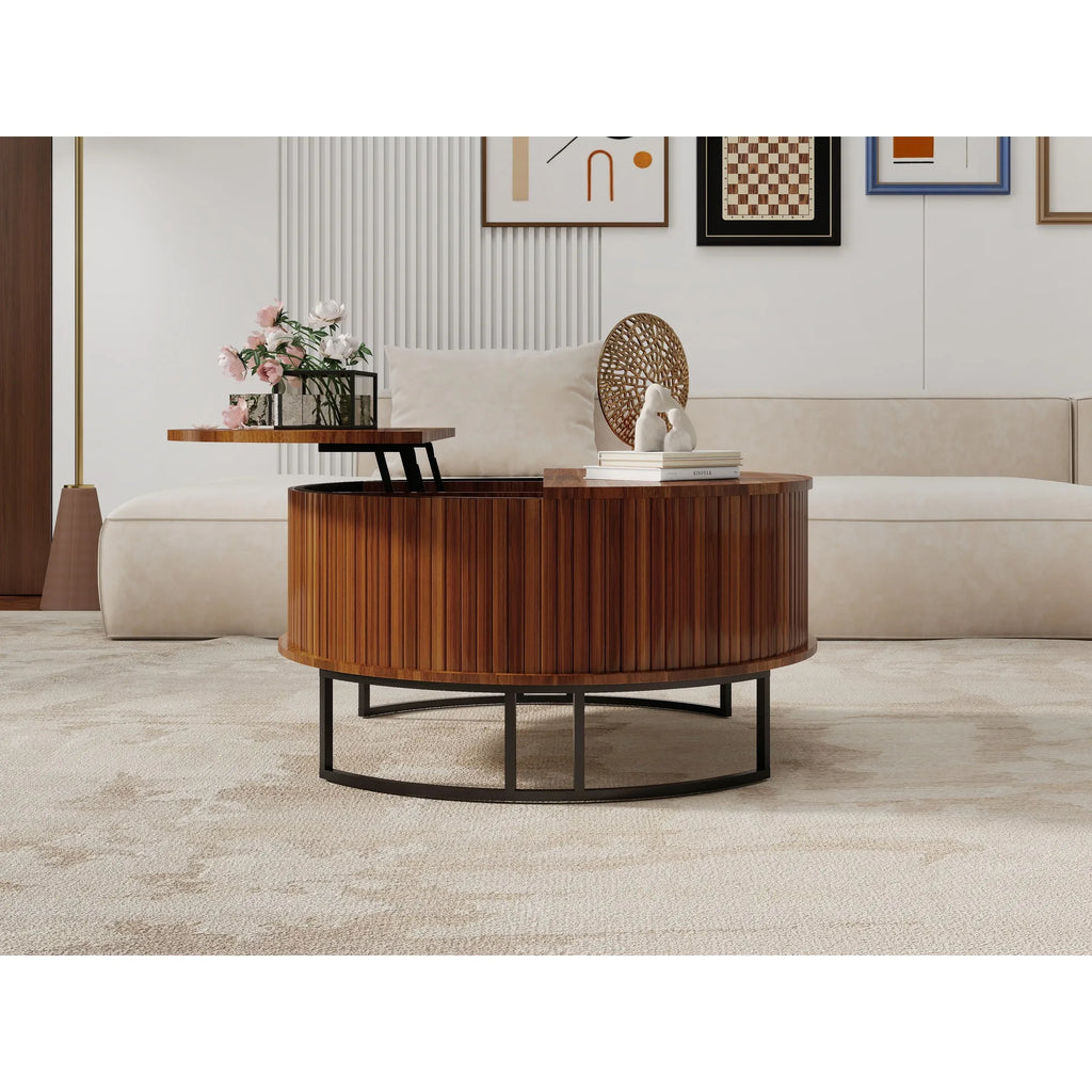 31.5 Inch Round Coffee Table with Storage,Fluted Lift Top Center Table, Midcentury Modern Flip-top Curved Table for Living Room,