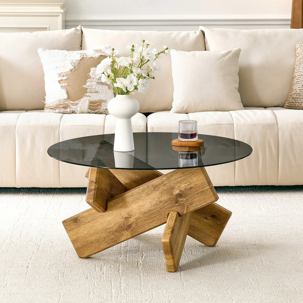 Artistic Cross-Style Round Coffee Table.Smoked Gray Tempered Glass + Wood-Patterned MDF Base, Mid-Century Modern Living Room Cof