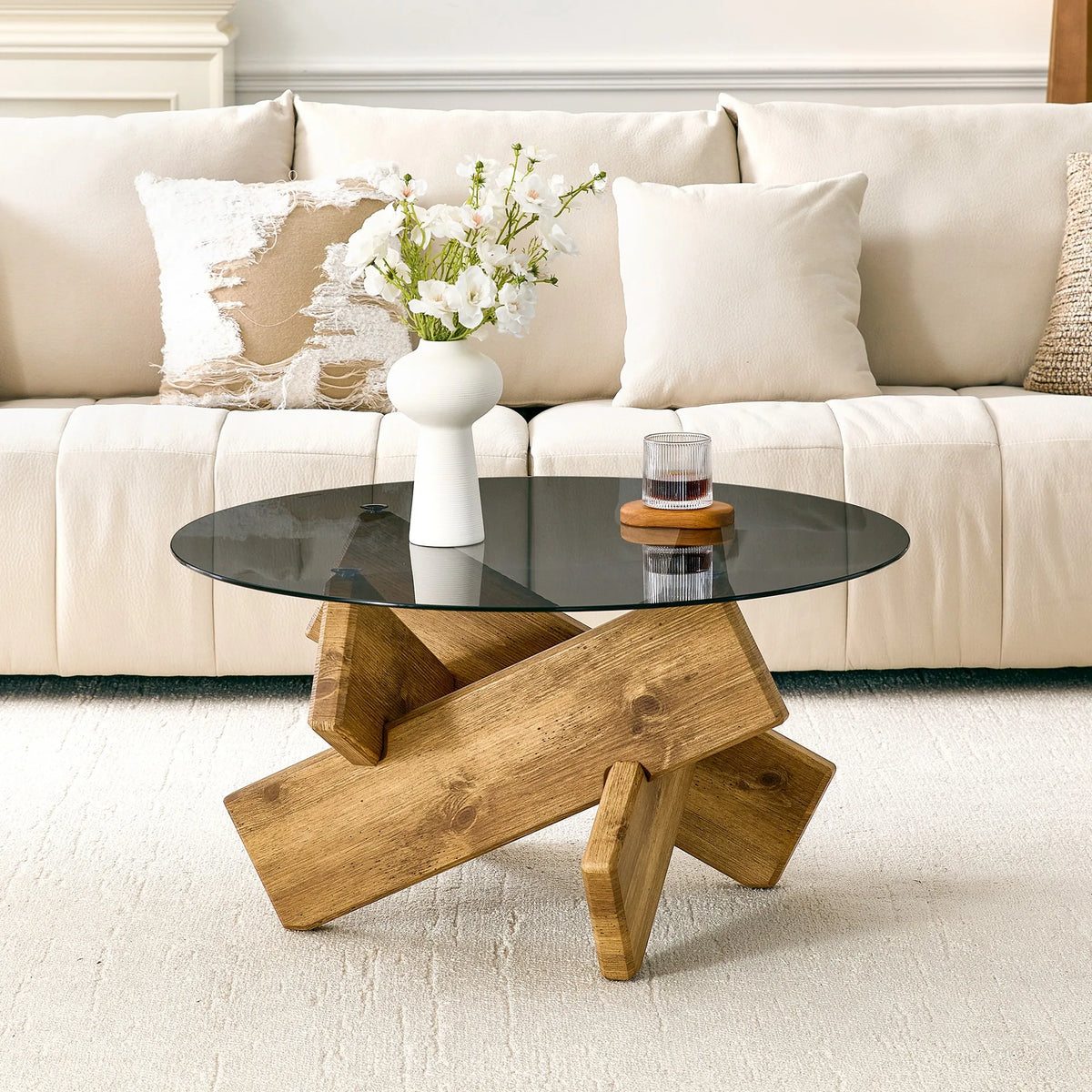 Artistic Cross-Style Round Coffee Table.Smoked Gray Tempered Glass + Wood-Patterned MDF Base, Mid-Century Modern Living Room Cof