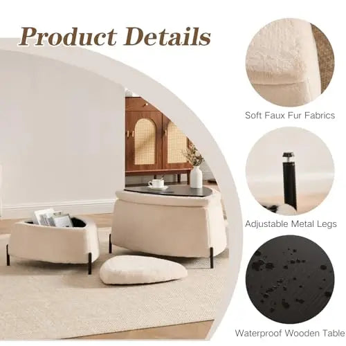 M Modern Durable 2-Piece Faux Fur Fabric Upholstered Storage Ottoman Set with Metal Legs Coffee Side Table Shoe Changing Stool