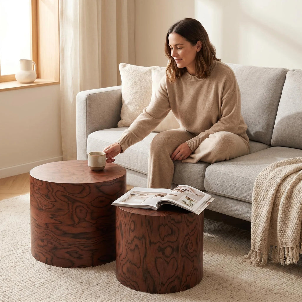 2-Piece Nesting Round Coffee Table Set, Tree Stump Drum Accent Side Table, No Assembly, Natural Swirl Grain Rustic Accent Table
