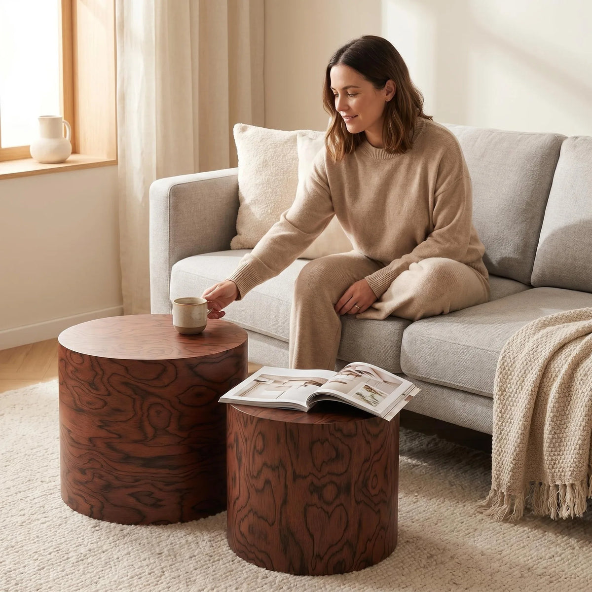 2-Piece Nesting Round Coffee Table Set, Tree Stump Drum Accent Side Table, No Assembly, Natural Swirl Grain Rustic Accent Table