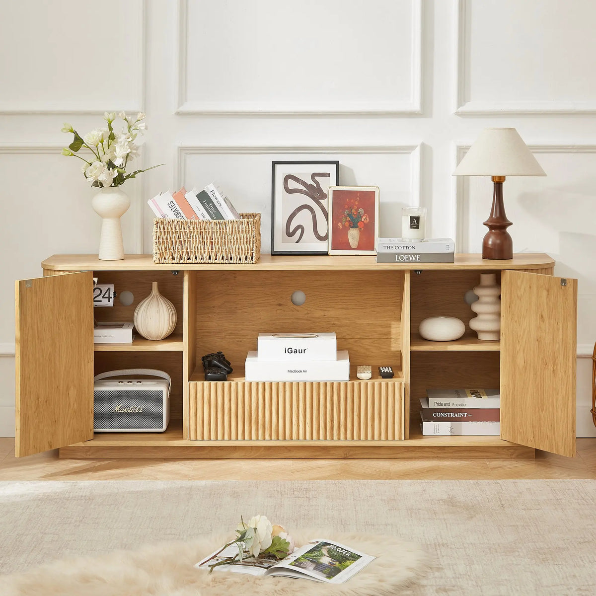 Ripple Fluted Wood TV Stand Modern Entertainment Center Media Console Cabinet with Storage for Living Room Home Furniture