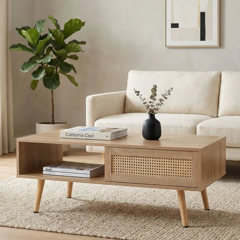 M Mid Century Modern Rattan Coffee Table with Storage Rectangle Wooden Accent Center Tables with Sliding Wood Legs