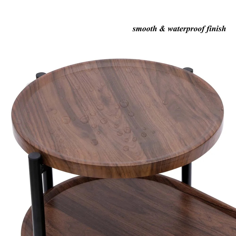 OVS 27" Walnut Brown Modern 2-Tier Coffee Table Oval Side Table Metal Wood with Storage Shelf for Living Room Bedroom