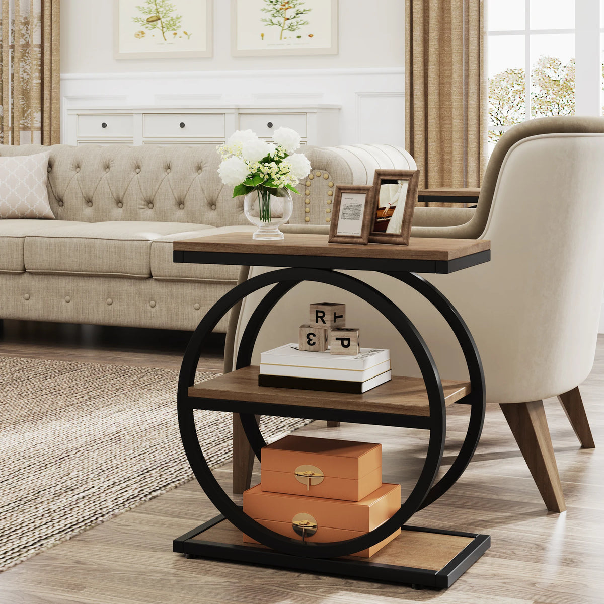 Tribesigns Side End Table with 3 Storage Shelves, Industrial Sofa Table with Round Metal Frame for Living Room