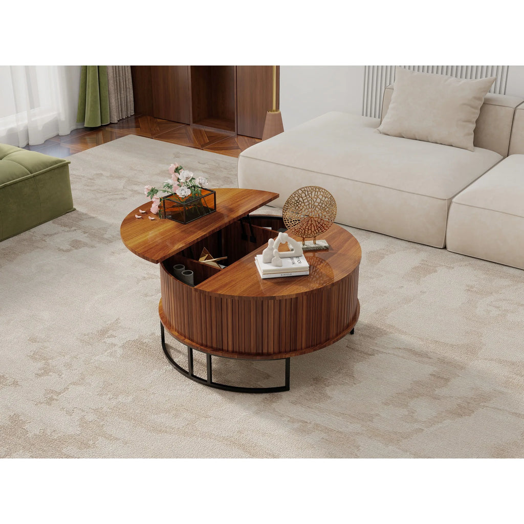 31.5 Inch Round Coffee Table with Storage,Fluted Lift Top Center Table, Midcentury Modern Flip-top Curved Table for Living Room,