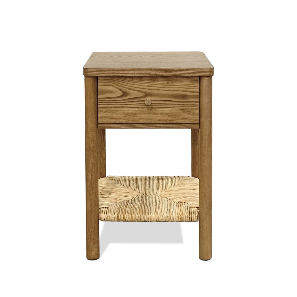 Walnut Ainsley Nightstand Side End Table with Rounded Edge Tabletop, Solid Wood Round Legs, Woven Jute Storage Shelf & Drawer, f