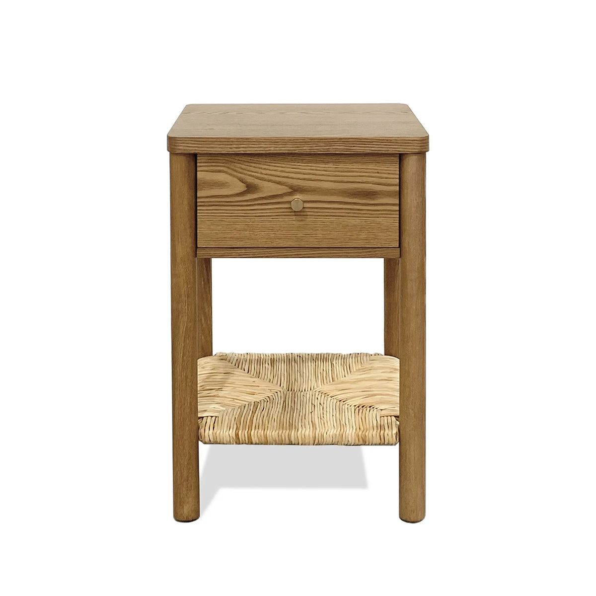 Walnut Ainsley Nightstand Side End Table with Rounded Edge Tabletop, Solid Wood Round Legs, Woven Jute Storage Shelf & Drawer, f